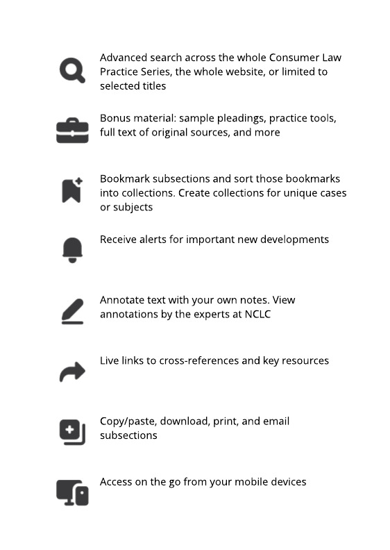 icons the represent the features of the NCLC Digital Library: search, bonus material, alerts, bookmarks, annotations, live links to related materials, and more.